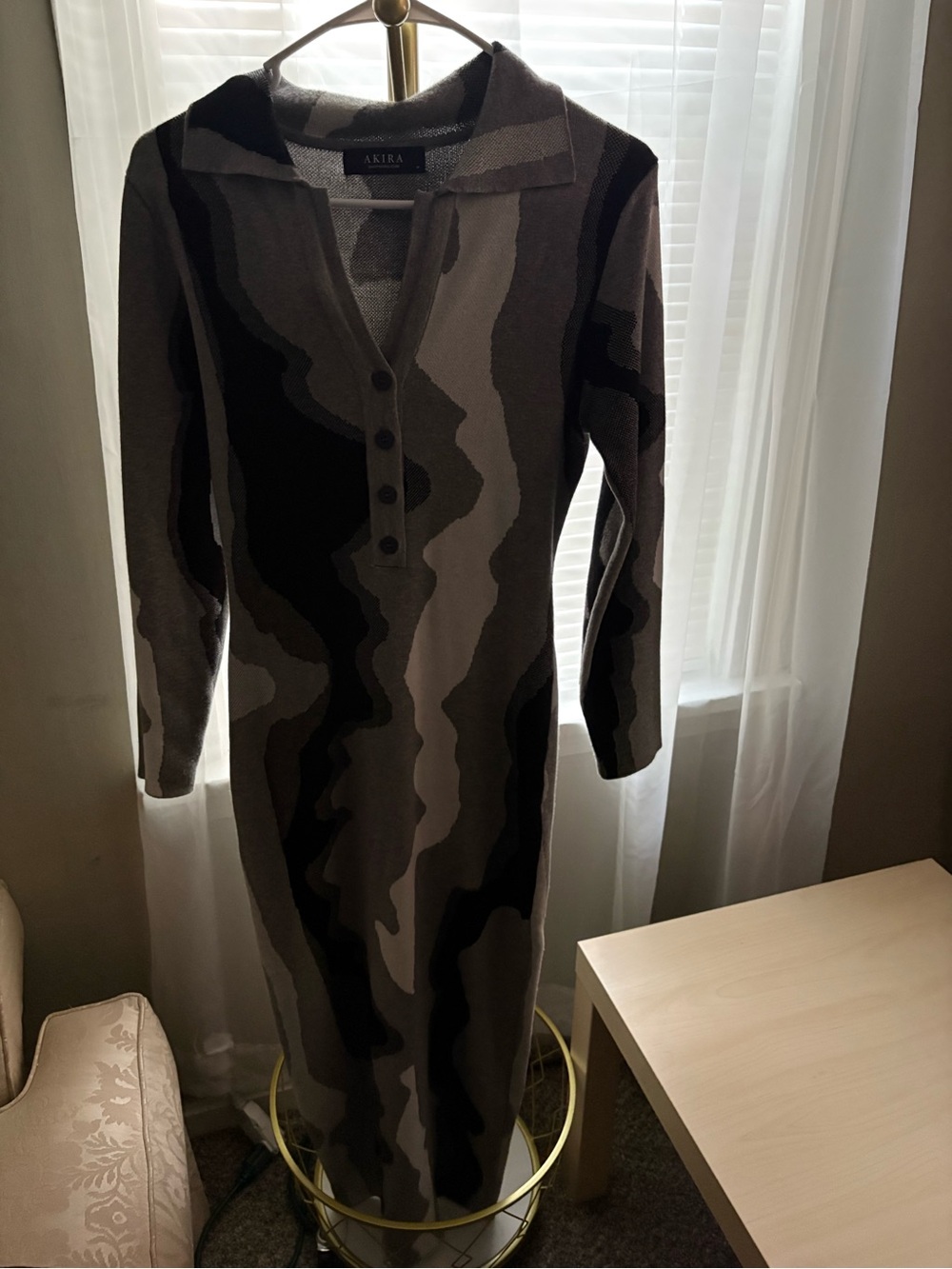 AKIRA Gray Multi Knit Midi Dress with Button V-Placket
